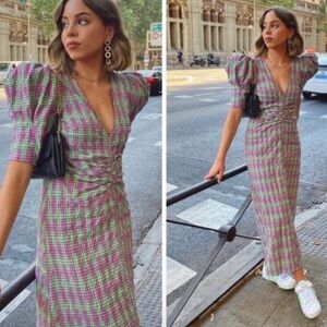 Zara Pink Green Seersucker Plaid Puff Sleeve Midi Dress Vneck Sz L Women‎